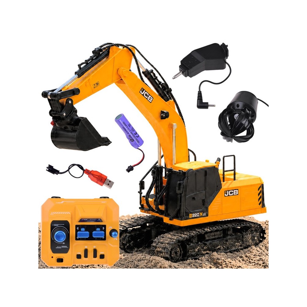 JCB RC Bager na diaľkové ovládanie, 3 vymeniteľné hroty, Licencia JCB, kovovová lyžica,so svetlom a zvukom