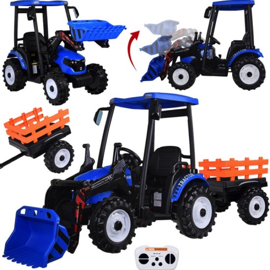 JOKO Veľký Elektrický Traktor s Kabínou 2x200W 24V s Radlicou a vlečkou, hudobný panel, LED svetlá, Diaľkové ovládanie, modrý