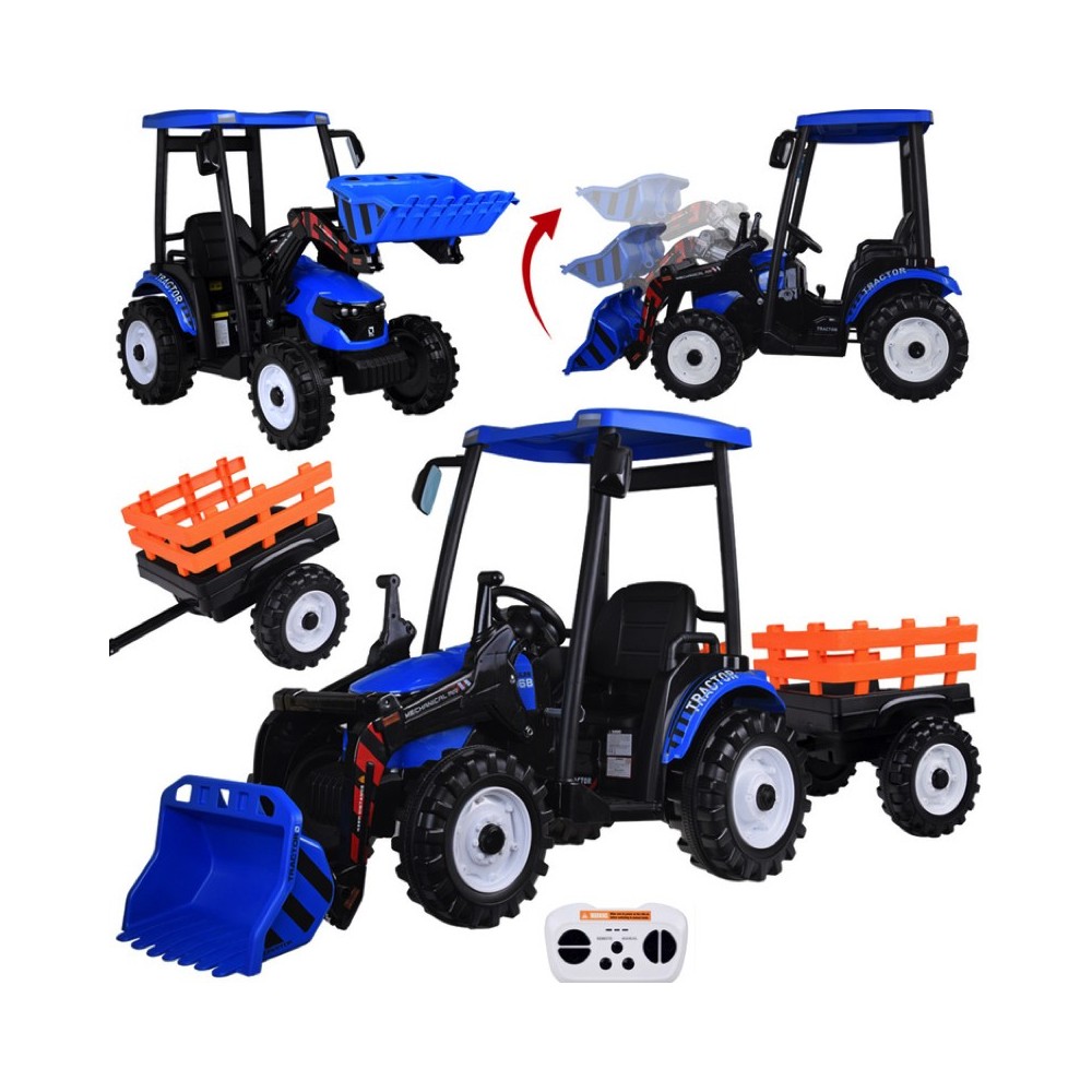 JOKO Veľký Elektrický Traktor s Kabínou 2x200W 24V s Radlicou a vlečkou, hudobný panel, LED svetlá, Diaľkové ovládanie, modrý