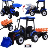 JOKO Veľký Elektrický Traktor s Kabínou 2x200W 24V s Radlicou a vlečkou, hudobný panel, LED svetlá, Diaľkové ovládanie, modrý