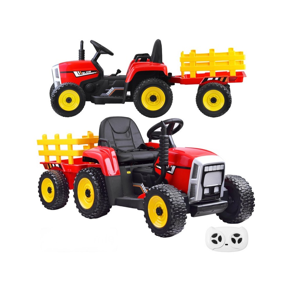 JOKO Elektrický traktor s vlečkou BLOW, diaľkové ovládanie, penové kolesá, kožené sedadlo, Led svetlá, USB, MP3, červený