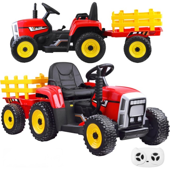 JOKO Elektrický traktor s vlečkou BLOW, diaľkové ovládanie, penové kolesá, kožené sedadlo, Led svetlá, USB, MP3, červený