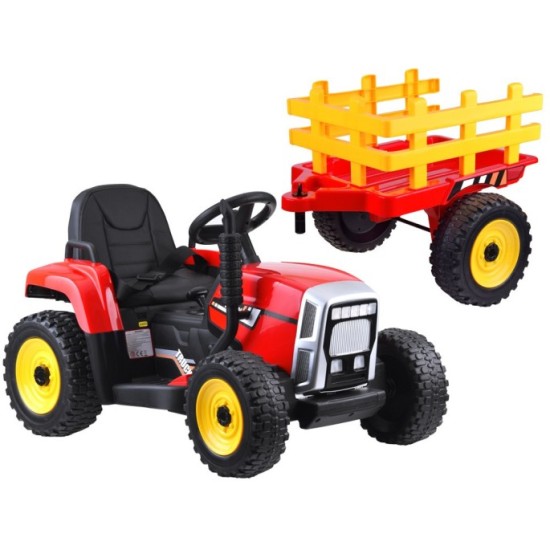 JOKO Elektrický traktor s vlečkou BLOW, diaľkové ovládanie, penové kolesá, kožené sedadlo, Led svetlá, USB, MP3, červený