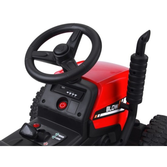 JOKO Elektrický traktor s vlečkou BLOW, diaľkové ovládanie, penové kolesá, kožené sedadlo, Led svetlá, USB, MP3, červený