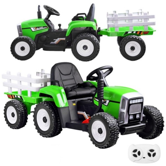 JOKO Elektrický traktor s vlečkou na drevo BLOW, diaľkové ovládanie, penové kolesá, kožené sedadlo, Led svetlá, USB, MP3, zelený