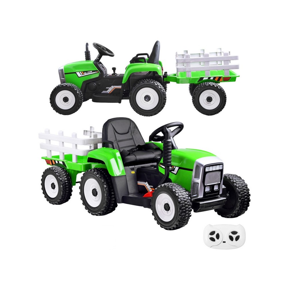 JOKO Elektrický traktor s vlečkou na drevo BLOW, diaľkové ovládanie, penové kolesá, kožené sedadlo, Led svetlá, USB, MP3, zelený