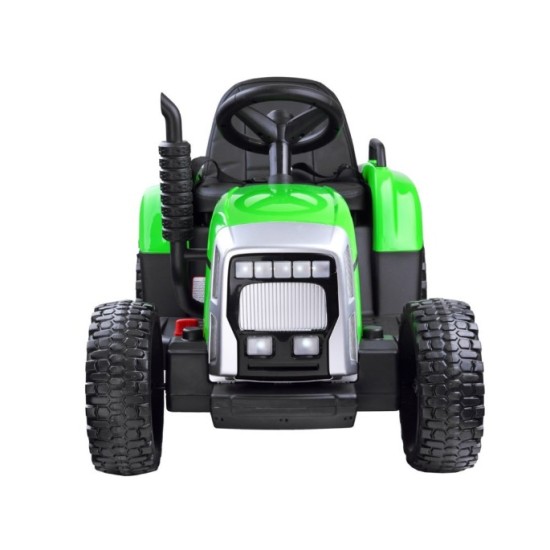 JOKO Elektrický traktor s vlečkou na drevo BLOW, diaľkové ovládanie, penové kolesá, kožené sedadlo, Led svetlá, USB, MP3, zelený