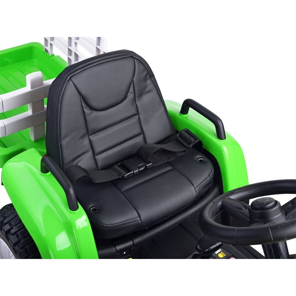 JOKO Elektrický traktor s vlečkou na drevo BLOW, diaľkové ovládanie, penové kolesá, kožené sedadlo, Led svetlá, USB, MP3, zelený