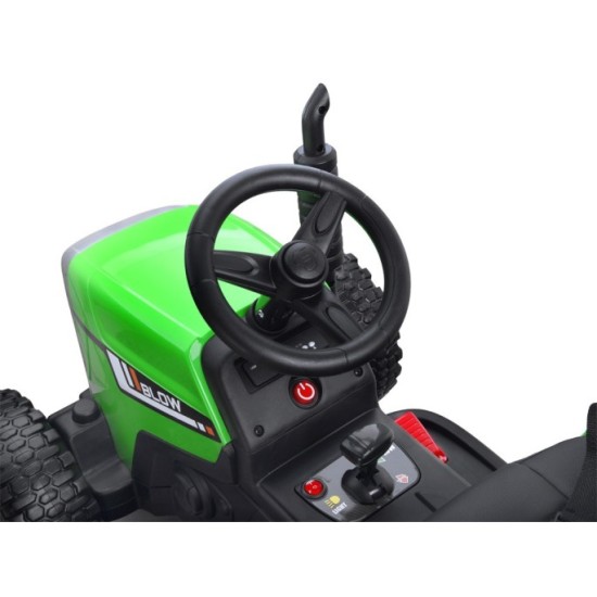 JOKO Elektrický traktor s vlečkou na drevo BLOW, diaľkové ovládanie, penové kolesá, kožené sedadlo, Led svetlá, USB, MP3, zelený