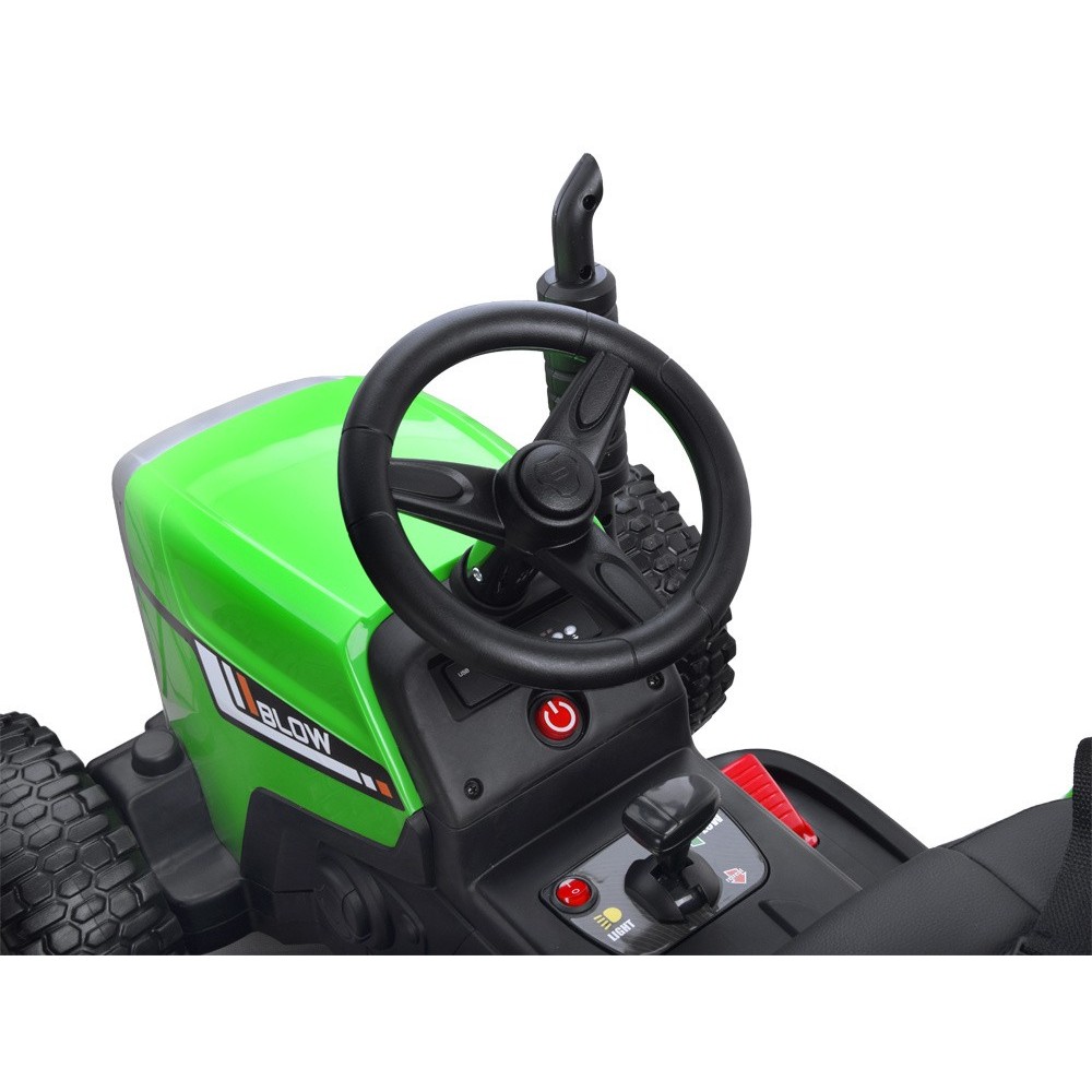 JOKO Elektrický traktor s vlečkou na drevo BLOW, diaľkové ovládanie, penové kolesá, kožené sedadlo, Led svetlá, USB, MP3, zelený
