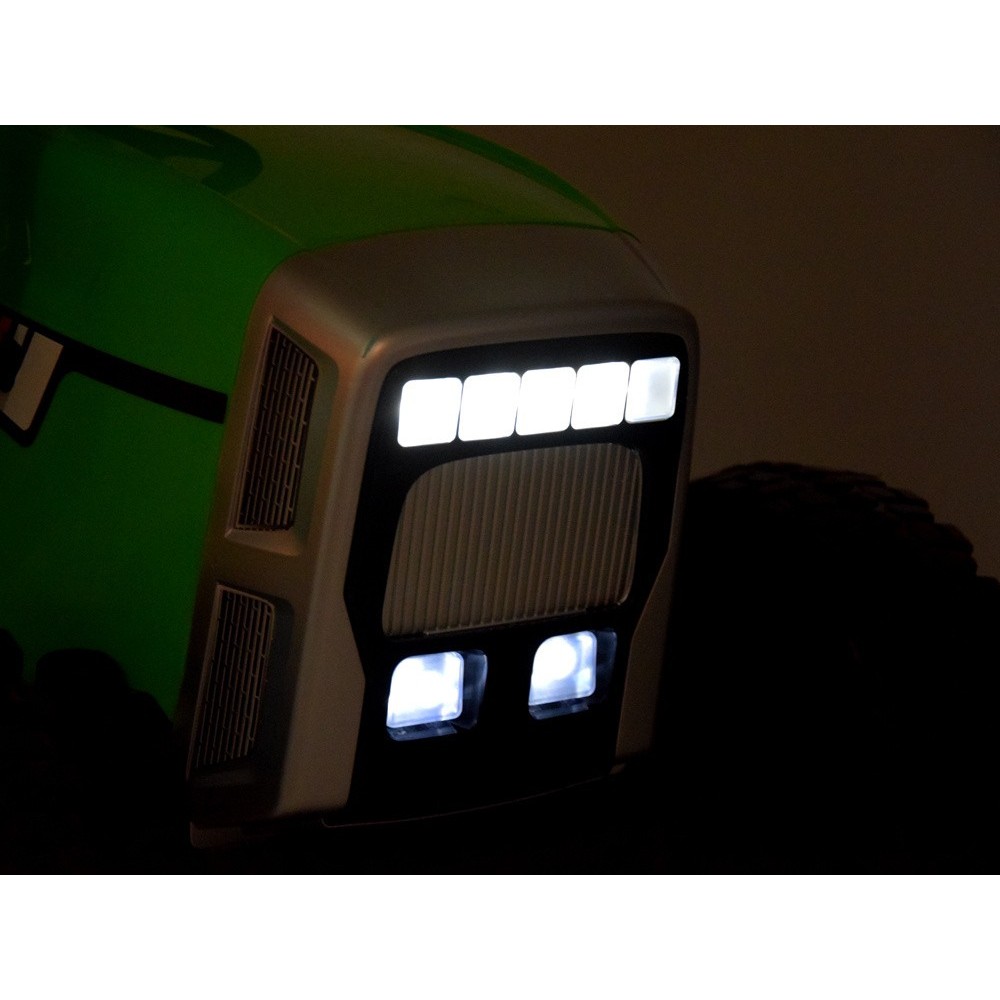 JOKO Elektrický traktor s vlečkou na drevo BLOW, diaľkové ovládanie, penové kolesá, kožené sedadlo, Led svetlá, USB, MP3, zelený