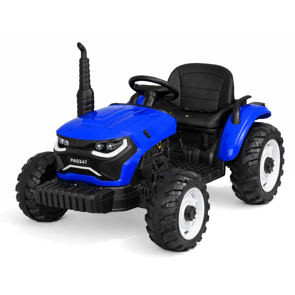 JOKO Veľký Elektrický Traktor s Elektricky vyklápacou vlečkou 205cm, 2x200W 24V, kožené sedadlo, modrý