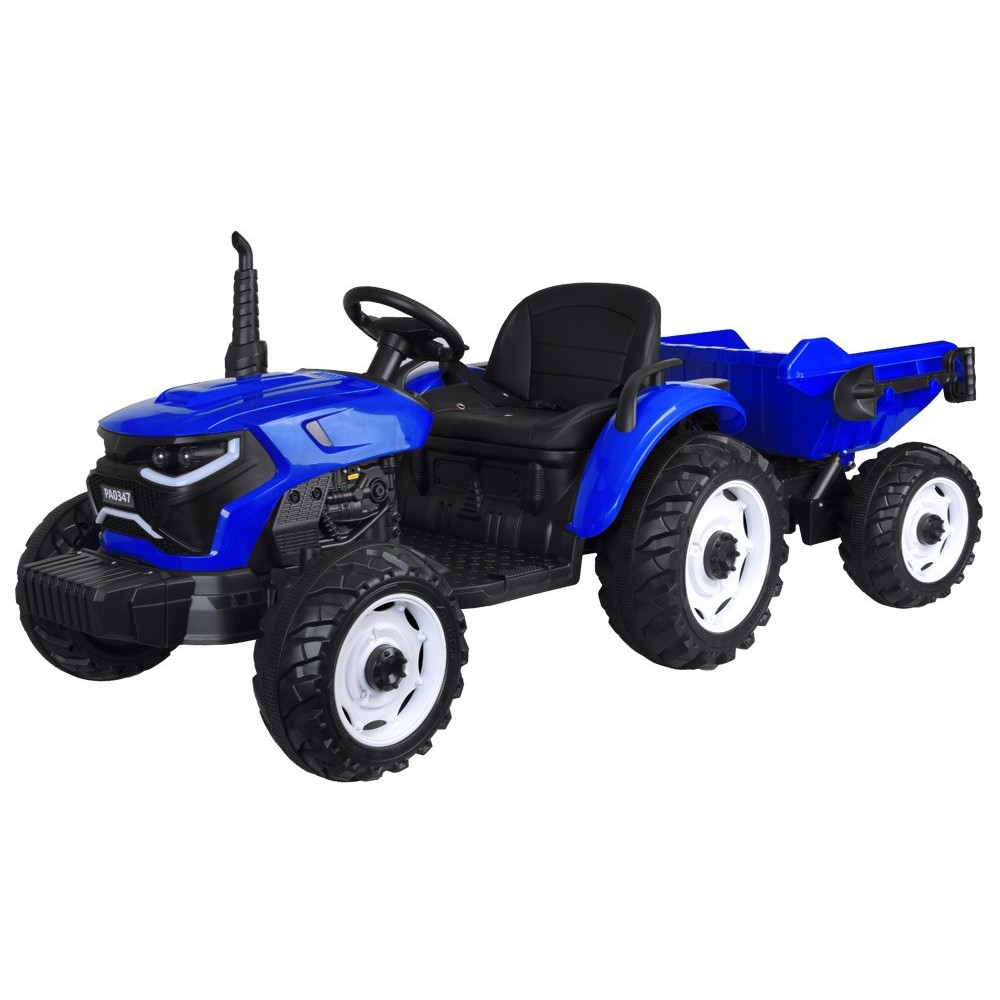 JOKO Veľký Elektrický Traktor s Elektricky vyklápacou vlečkou 205cm, 2x200W 24V, kožené sedadlo, modrý