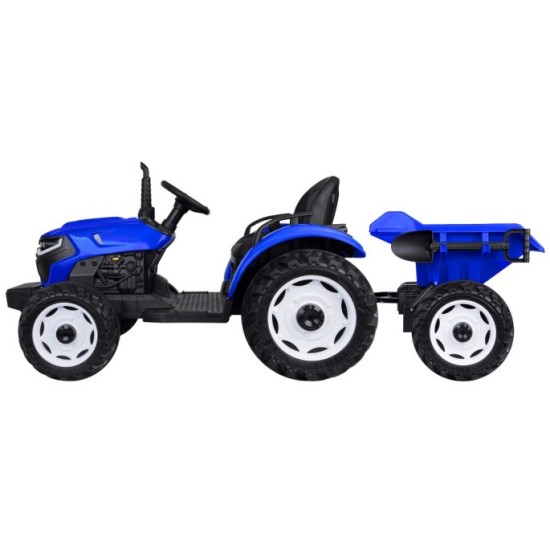 JOKO Veľký Elektrický Traktor s Elektricky vyklápacou vlečkou 205cm, 2x200W 24V, kožené sedadlo, modrý