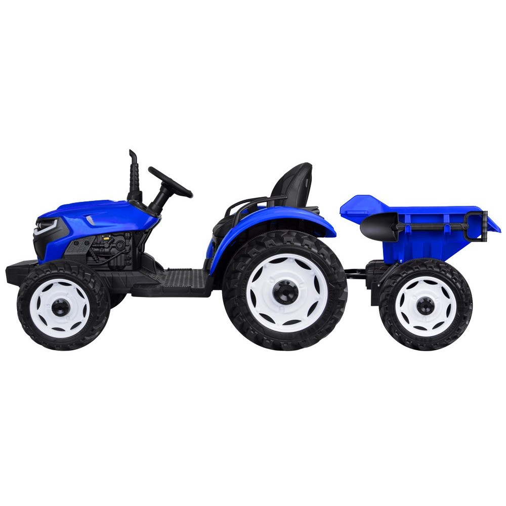 JOKO Veľký Elektrický Traktor s Elektricky vyklápacou vlečkou 205cm, 2x200W 24V, kožené sedadlo, modrý