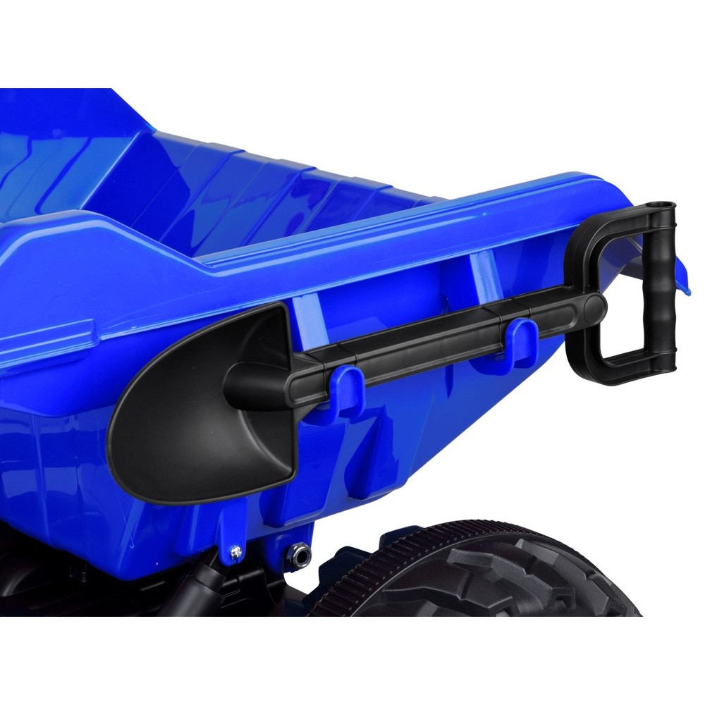 JOKO Veľký Elektrický Traktor s Elektricky vyklápacou vlečkou 205cm, 2x200W 24V, kožené sedadlo, modrý