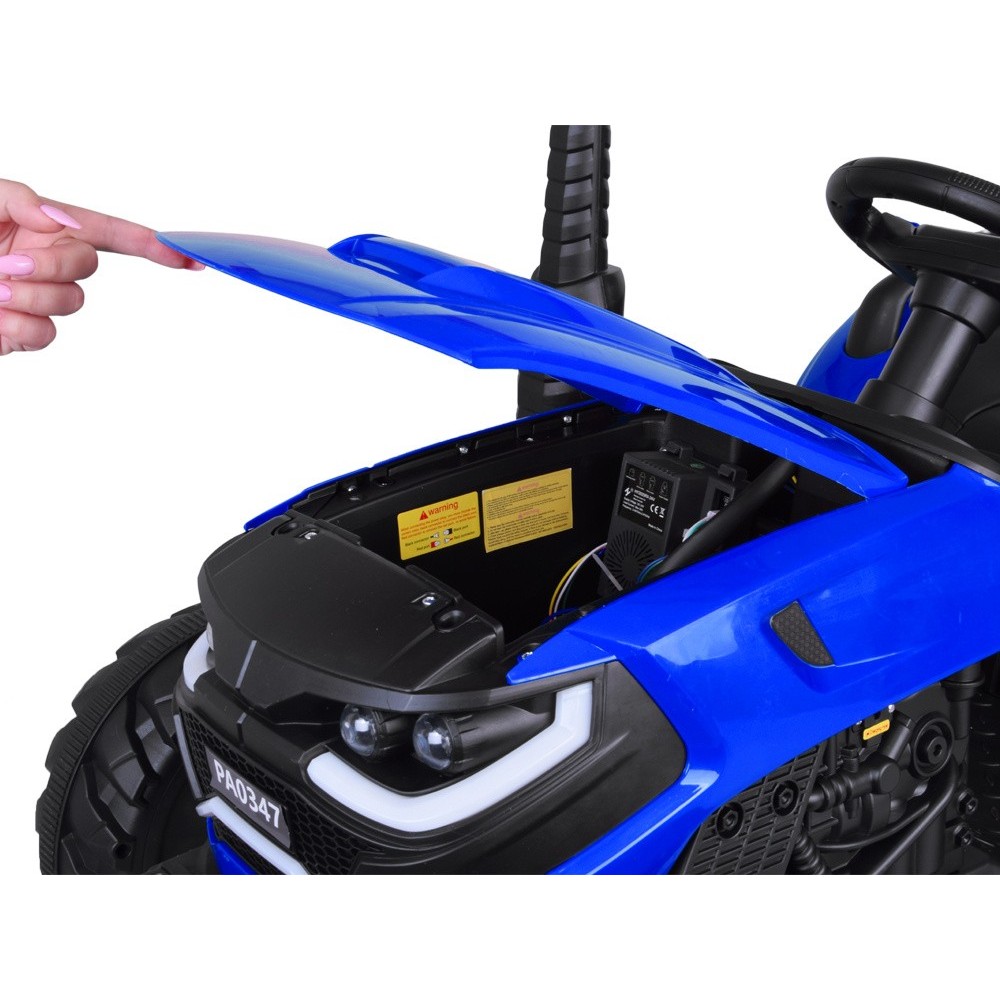 JOKO Veľký Elektrický Traktor s Elektricky vyklápacou vlečkou 205cm, 2x200W 24V, kožené sedadlo, modrý
