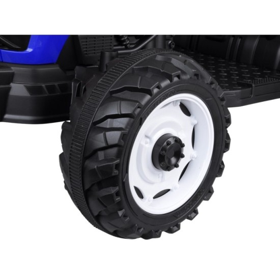 JOKO Veľký Elektrický Traktor s Elektricky vyklápacou vlečkou 205cm, 2x200W 24V, kožené sedadlo, modrý