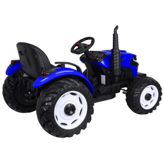 JOKO Veľký Elektrický Traktor s Elektricky vyklápacou vlečkou 205cm, 2x200W 24V, kožené sedadlo, modrý