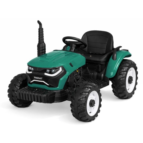 JOKO Veľký Elektrický Traktor s Elektricky vyklápacou vlečkou 205cm, 2x200W 24V, kožené sedadlo, zelený