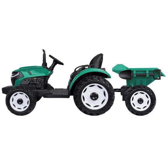 JOKO Veľký Elektrický Traktor s Elektricky vyklápacou vlečkou 205cm, 2x200W 24V, kožené sedadlo, zelený