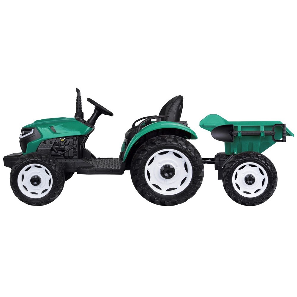 JOKO Veľký Elektrický Traktor s Elektricky vyklápacou vlečkou 205cm, 2x200W 24V, kožené sedadlo, zelený