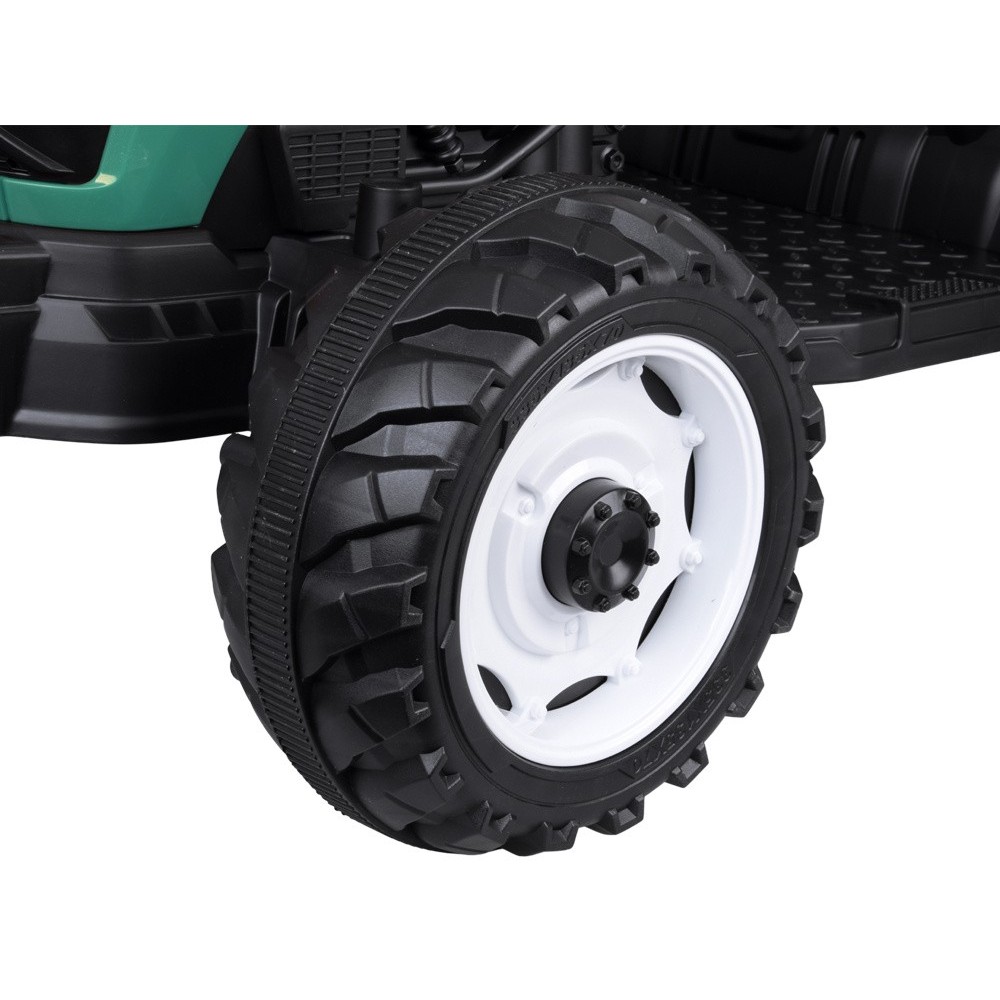 JOKO Veľký Elektrický Traktor s Elektricky vyklápacou vlečkou 205cm, 2x200W 24V, kožené sedadlo, zelený
