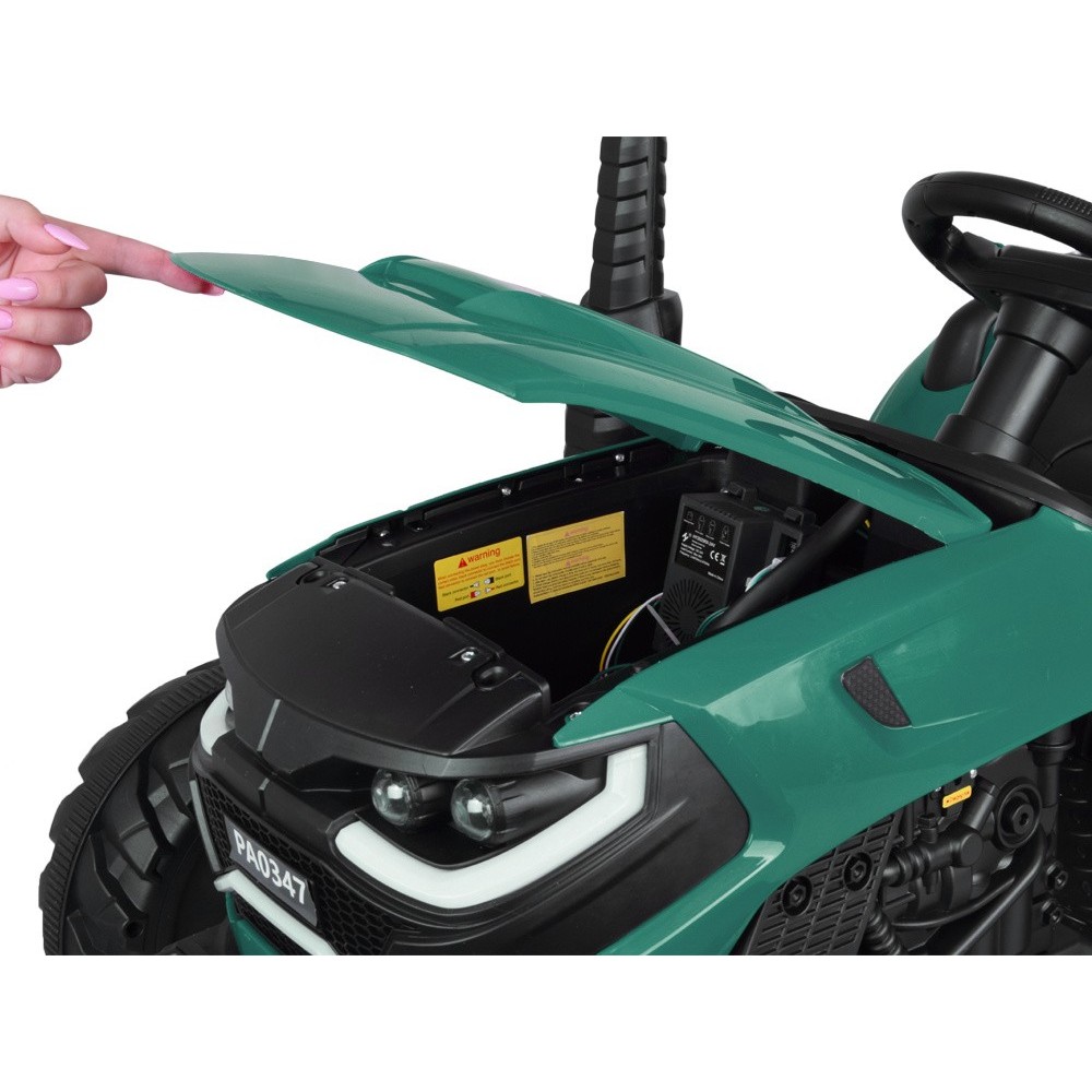 JOKO Veľký Elektrický Traktor s Elektricky vyklápacou vlečkou 205cm, 2x200W 24V, kožené sedadlo, zelený