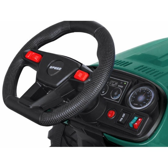JOKO Veľký Elektrický Traktor s Elektricky vyklápacou vlečkou 205cm, 2x200W 24V, kožené sedadlo, zelený