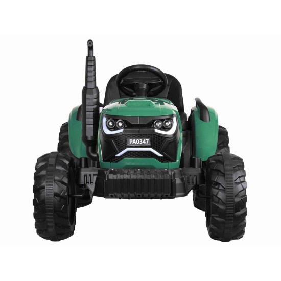 JOKO Veľký Elektrický Traktor s Elektricky vyklápacou vlečkou 205cm, 2x200W 24V, kožené sedadlo, zelený