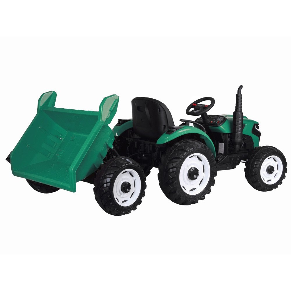 JOKO Veľký Elektrický Traktor s Elektricky vyklápacou vlečkou 205cm, 2x200W 24V, kožené sedadlo, zelený