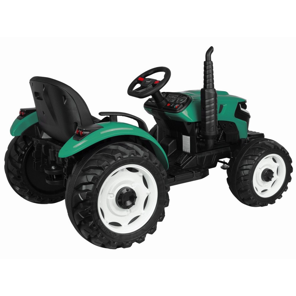 JOKO Veľký Elektrický Traktor s Elektricky vyklápacou vlečkou 205cm, 2x200W 24V, kožené sedadlo, zelený