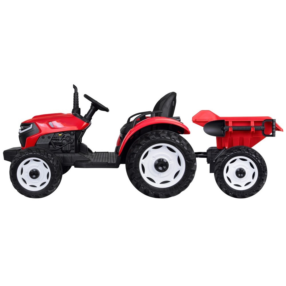 JOKO Veľký Elektrický Traktor s Elektricky vyklápacou vlečkou 205cm, 2x200W 24V, kožené sedadlo, červený
