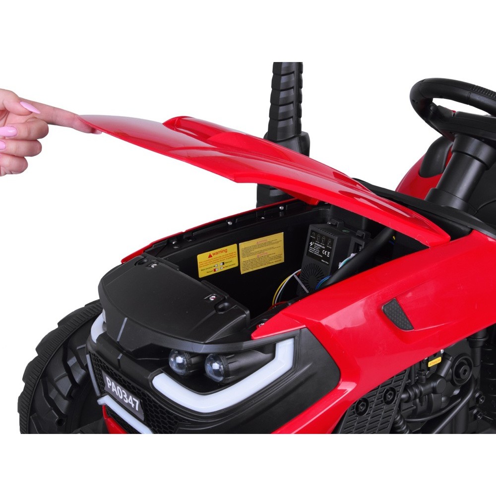 JOKO Veľký Elektrický Traktor s Elektricky vyklápacou vlečkou 205cm, 2x200W 24V, kožené sedadlo, červený