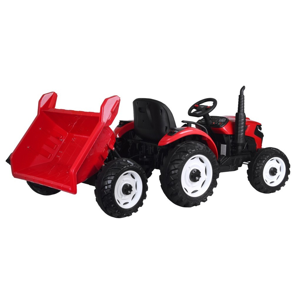 JOKO Veľký Elektrický Traktor s Elektricky vyklápacou vlečkou 205cm, 2x200W 24V, kožené sedadlo, červený