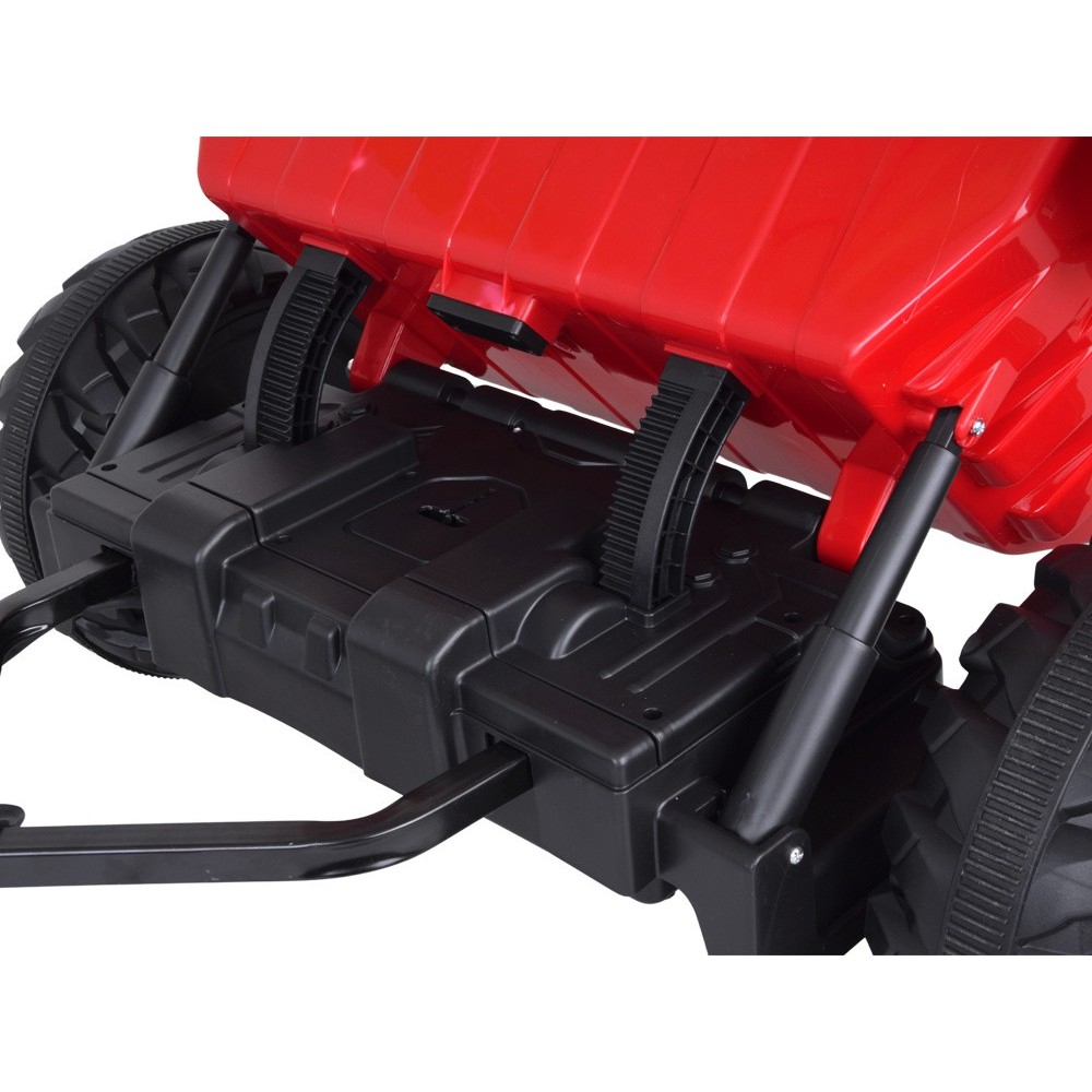 JOKO Veľký Elektrický Traktor s Elektricky vyklápacou vlečkou 205cm, 2x200W 24V, kožené sedadlo, červený