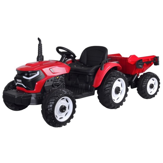 JOKO Veľký Elektrický Traktor s Elektricky vyklápacou vlečkou 205cm, 2x200W 24V, kožené sedadlo, červený