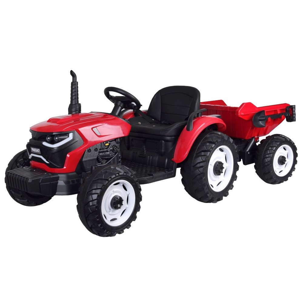 JOKO Veľký Elektrický Traktor s Elektricky vyklápacou vlečkou 205cm, 2x200W 24V, kožené sedadlo, červený