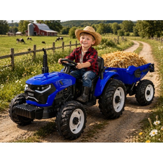JOKO Veľký Elektrický Traktor s Elektricky vyklápacou vlečkou 205cm, 2x200W 24V, kožené sedadlo, modrý