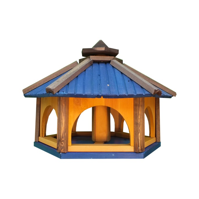 MKSTOR Drevené kŕmitko pre vtáky 60x50x40cm, vtáčia búdka so zásobníkom jedla, modrá