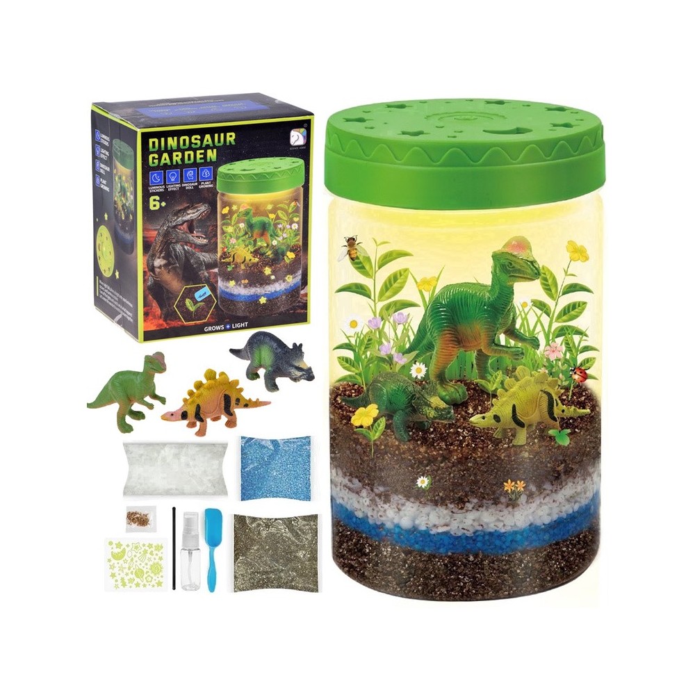 JOKO Interaktívne Terárium s Rastlinami a Dinosaurami, Kreatívna sada 3v1 s LED svetlom, Lampa S Dinosaurami, svietiace nálepky
