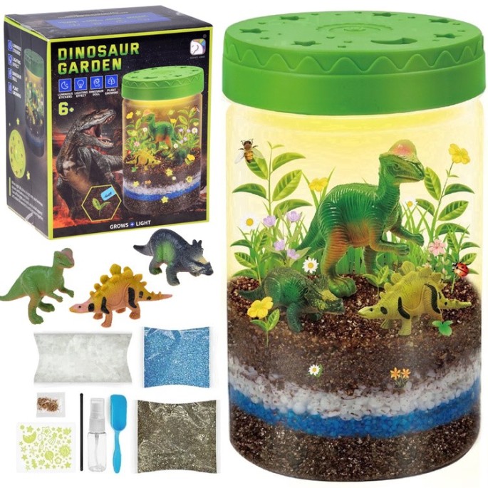JOKO Interaktívne Terárium s Rastlinami a Dinosaurami, Kreatívna sada 3v1 s LED svetlom, Lampa S Dinosaurami, svietiace nálepky