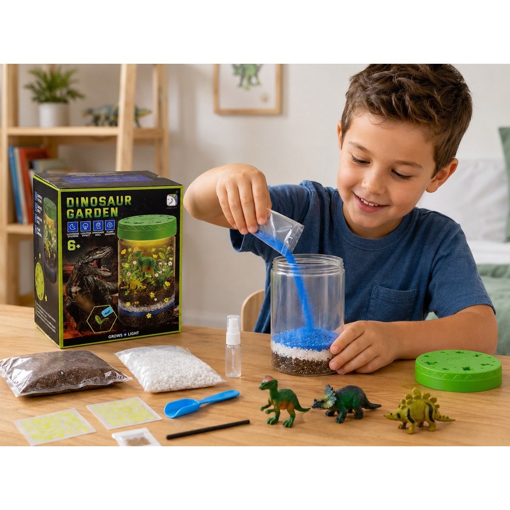 JOKO Interaktívne Terárium s Rastlinami a Dinosaurami, Kreatívna sada 3v1 s LED svetlom, Lampa S Dinosaurami, svietiace nálepky