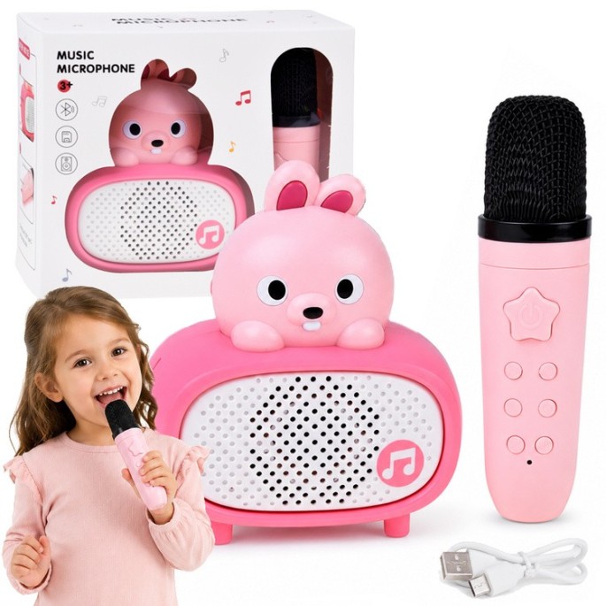 JOKO Interaktívny Detský Karaoke Mikrofón a Bluetooth Reproduktor, nabíjací kábel USB-C, ružový