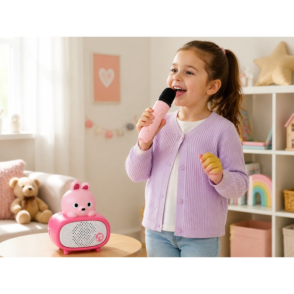 JOKO Interaktívny Detský Karaoke Mikrofón a Bluetooth Reproduktor, nabíjací kábel USB-C, ružový