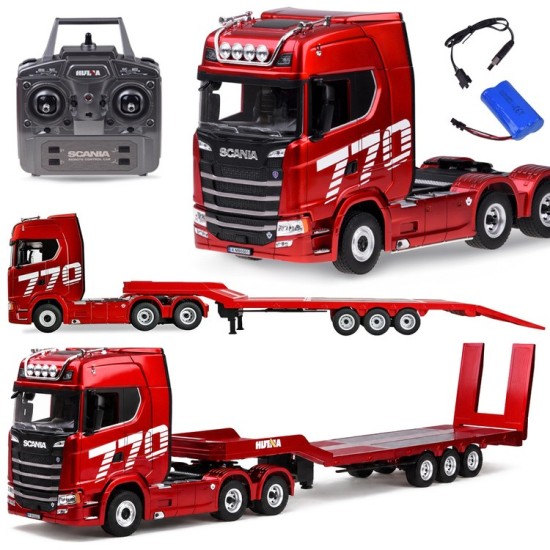 HUINA RC Súprava Kamión Scania 770 S V8 so svetlom a zvukom + rc plošinový príves, červený
