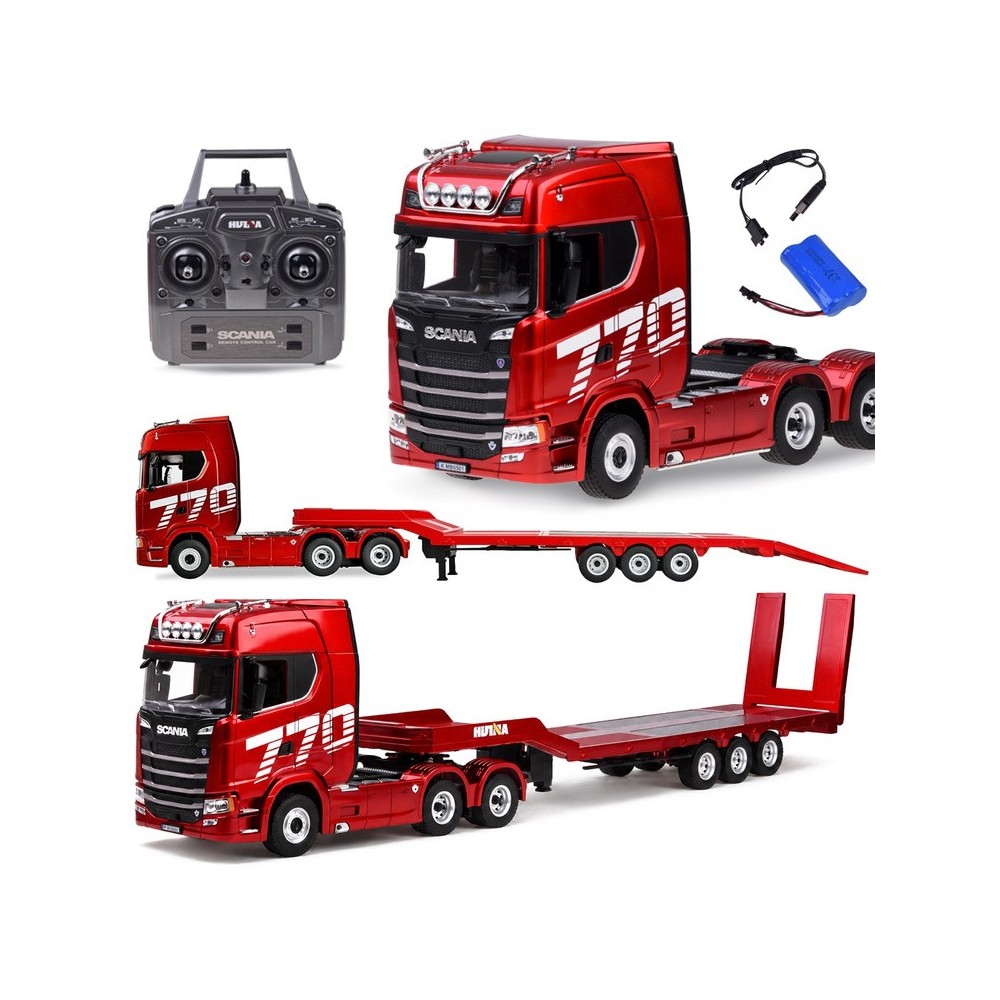 HUINA RC Súprava Kamión Scania 770 S V8 so svetlom a zvukom + rc plošinový príves, červený