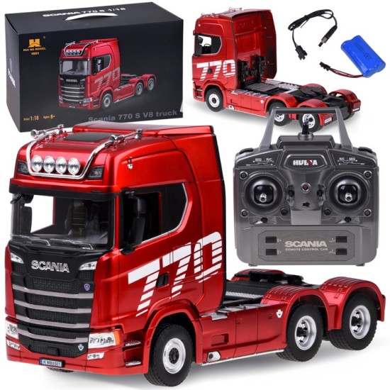 HUINA RC Súprava Kamión Scania 770 S V8 so svetlom a zvukom + rc plošinový príves, červený