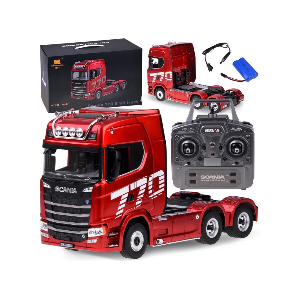 HUINA RC Súprava Kamión Scania 770 S V8 so svetlom a zvukom + rc plošinový príves, červený