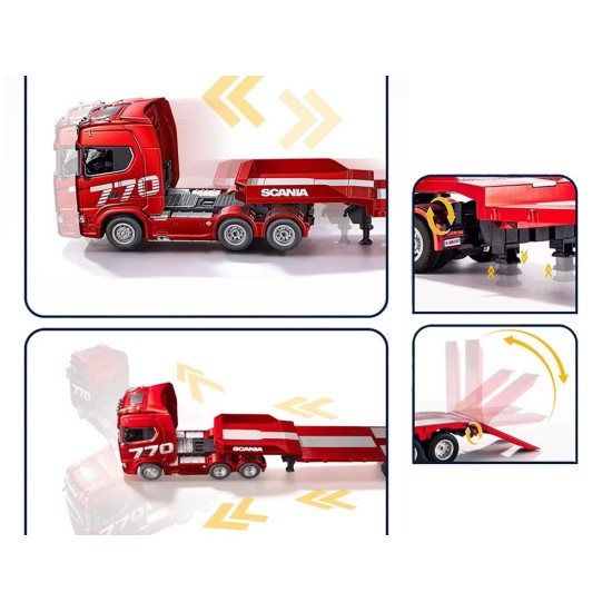 HUINA RC Súprava Kamión Scania 770 S V8 so svetlom a zvukom + rc plošinový príves, červený